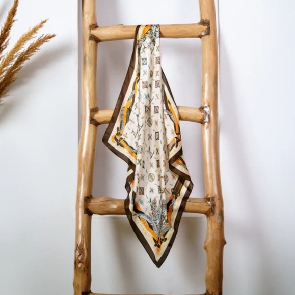 Multicolor Floral Star Print Black White Tan Square Scarf - Picture 2 of 7